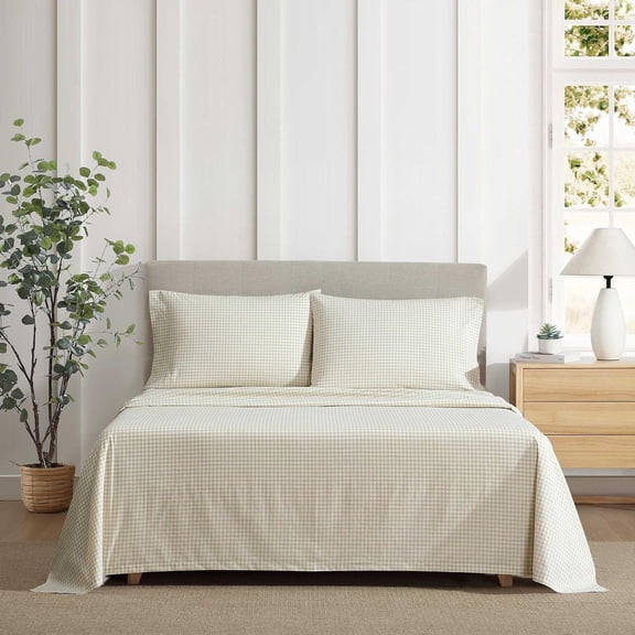 King Sheet Set Cotton Percale Beige Gingham Crisp Breathable 200 Thread Count