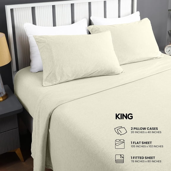 King Sheet Set - Jersey Knit Cotton Blend Soft T-Shirt Stretchy Sheets (Heather Oatmeal)