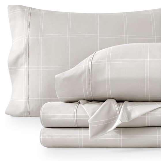 King Sheet Set - Luxury 1800 Ultra-Soft Microfiber King Bed Sheets - Double Brushed - Deep Pockets - Easy Fit - 4 Piece Set - Bedding Sheets & Pillowcases (King, Modern Plaid - Stone/White)