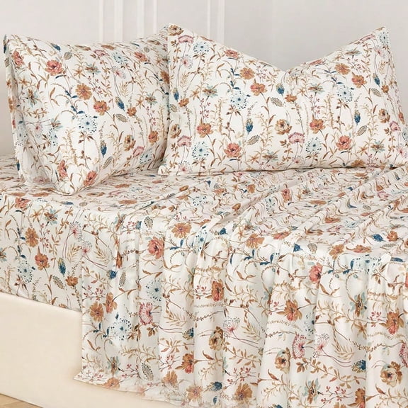 King Sheets Set 100 Percale Cotton Boho Floral Botanical Printed Bedding with Deep Pocket 17.5'' Vintage Burnt Orange Teal Design 4Piece Soft Breathable Sheets