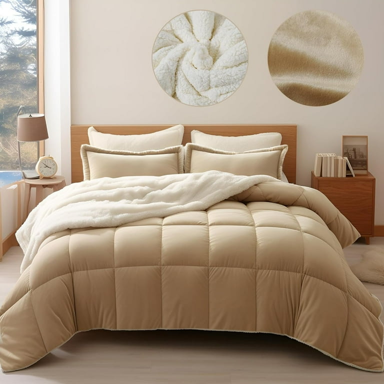 King Sherpa Comforter Set 3 Piece Set Thick Blanket with 2 Pillow Shams for Plush Warm Fall Winter Fluffy Bedding Quit Soft Sherpa Fleece Down