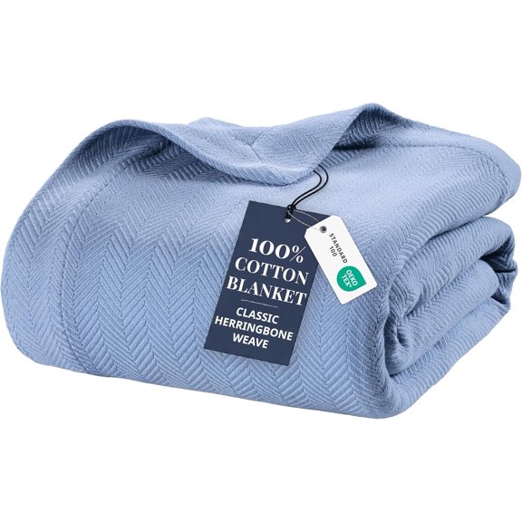 King Size 100% Cotton Herringbone Weave Blanket Light Blue
