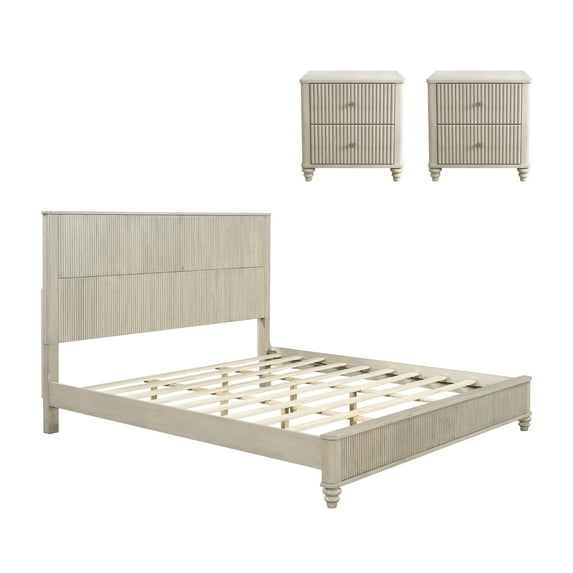 King Size 3-Piece Bedroom Set with 2 Nightstands, Solid Wood Platform Bed, Beige