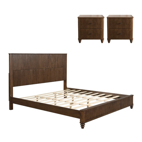 King Size 3-Piece Bedroom Set with 2 Nightstands, Solid Wood Platform Bed, Walnut