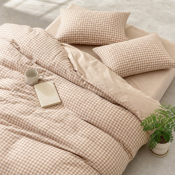 King Size 3 Piece Washed Cotton Gingham Comforter Set Soft Fluffy Down Alternative All Season Farmhouse Bedding