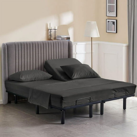 King Size 32" Split Top Flex Head Sheet Set - 100% Microfiber, Adjustable Bed, 4-Piece Set, 15" Deep Pockets Color Dark Gray Solid