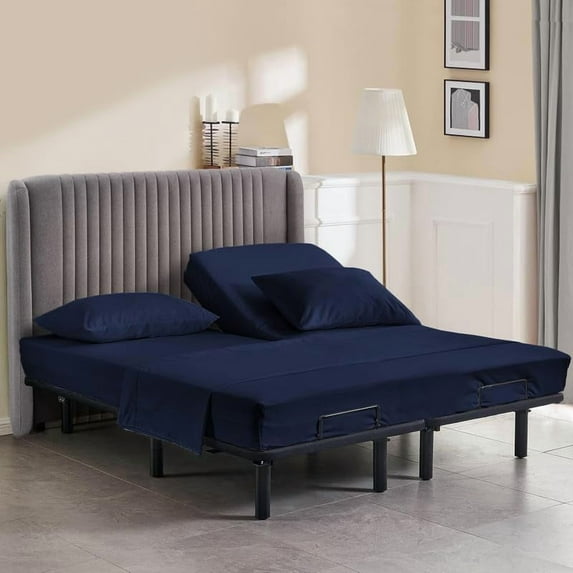 King Size 34" Split Top Flex Head 4-PCs Sheet Set Fits 7-12" Deep Pocket, 500-TC Egyptian Cotton (Solid, Navy Blue)
