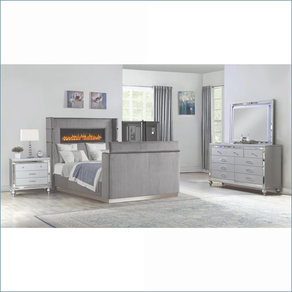 King Size 4-Piece Modern Gray Wood Bedroom Set with Fireplace Headboard & TV Stand | Gray | Wood