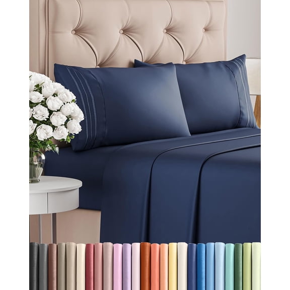 King Size 4 Piece Sheet Set in Navy Blue with Deep Pockets