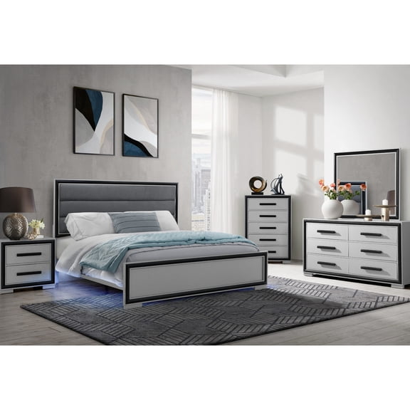 King Size 5-Piece Bed Ensemble | LED Lighting for a Bright Bedroom | Solid and Engineered Wood Build | Meets Bedroom Furniture Durability Requirements