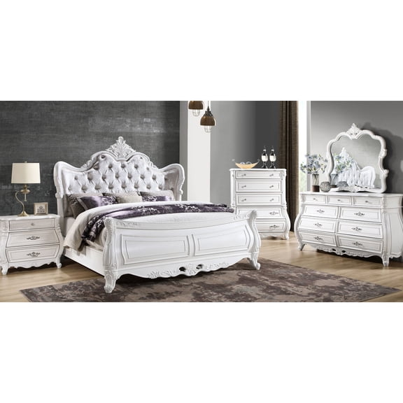 King Size 5-Piece Bedroom Furnishing Set | Bring Elegance and Storage to Bedroom | Wood Main Material with Pearl White and Tufted Headboard | Fix Bedroom Storage Chaos