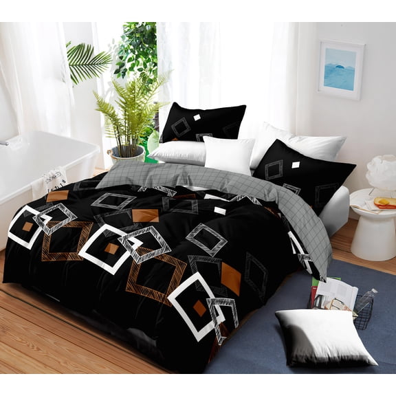 King Size 6-Piece Geometric Bedding Set, Black & Orange All Season Comforter Set with Comforter, Flat Sheet, Pillow Shams and Cushion Covers