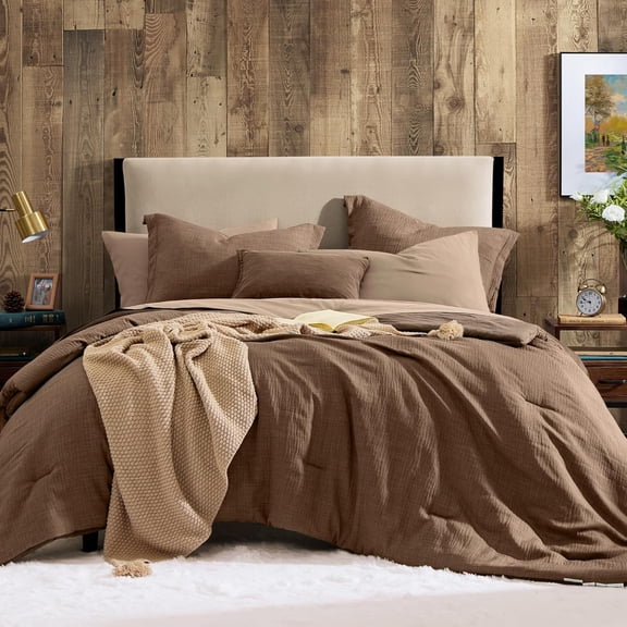 King Size 7 Piece Comforter Set Brown Textured Solid Bedding with Sheets Pillowcases and Shams