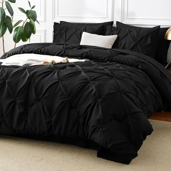 King Size 7 Piece Comforter Set in Black with Pintuck Design All Season Microfiber Comforter Sheets Pillowcases and Shams