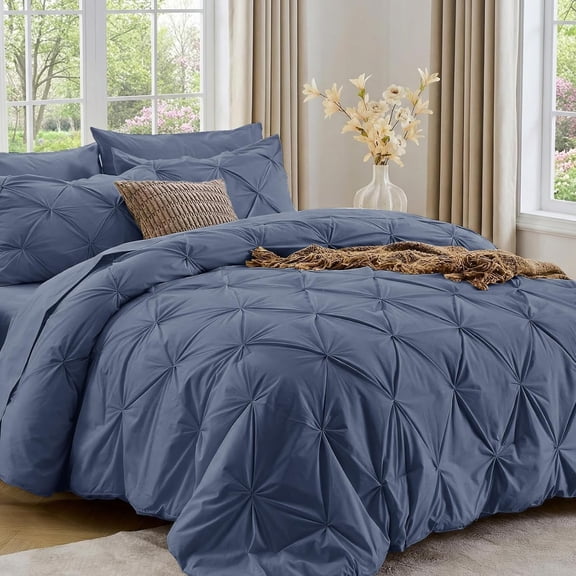 King Size 7-Piece Pintuck Comforter Set, Indigo Blue All Season Bedding Includes Comforter, Flat Sheet, Fitted Sheet, Pillowcases & Pillowshams