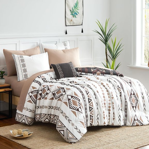 King Size 7 Piece Reversible Boho Aztec Comforter Set with Sheets Pillowcases and Shams