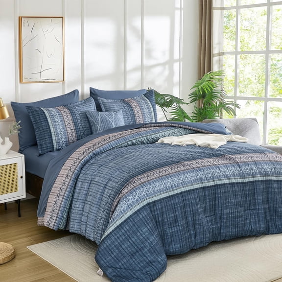King Size 8 Piece Blue Striped Microfiber Bed-in-a-Bag Bedding Set