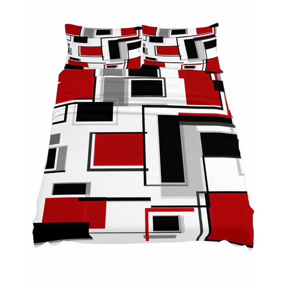 King Size Abstract Space Design Sense Sheet Sets Red Black Stitching Suqare Soft Breathable Microfiber Bed Sheets Deep Pockets 4 Piece Bed Sheets Set, 1 Fitted Sheet, 1 Flat Sheet & 2 Pillowcases