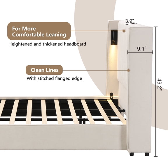 King Size Adjustable Bed Base, King Size Upholstered Bed Frame with High Wingback Headboard,Reading Lamp and USB port,Beige, Beige Bed Frames,Fabric,Foam,Plywood Platform Bed Frames