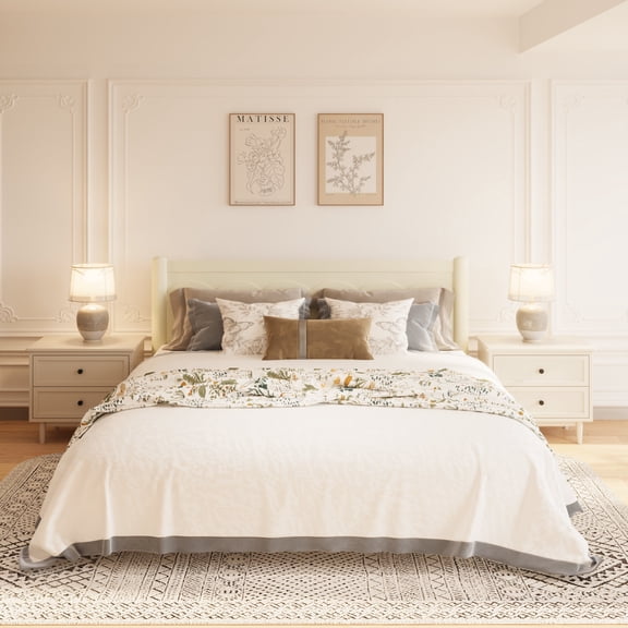 King Size Adjustable Bed Base, King Size Wood Bed Frame,Wood Platform Bed with Headboard,Solid Wood Legs, Mattress Foundation with 10 Wooden Slats,No Box Spring Needed,Beige, Beige+Natural Bed Frames