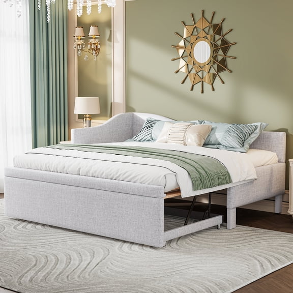 King Size Adjustable Bed Base, Twin Size Upholstered L-Shaped Upholstered Daybed with Pop Up Trundle, Beige, Beige Bed Frames,Upholstered Platform Bed Frames