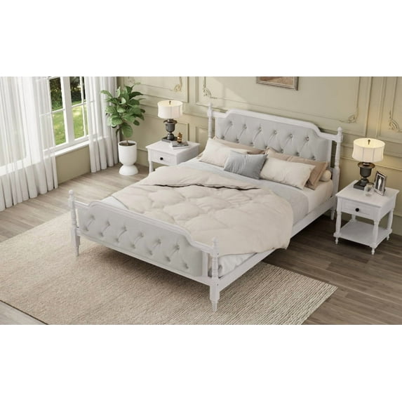 King Size Antique White Wood Bed Frame - Tufted Headboard, Solid Pine, Linen Upholstery, Bedroom Furniture, No Box Spring Needed, Traditional Style