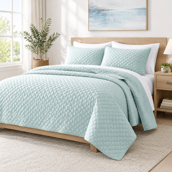 King Size Aqua Blue Lightweight Quilt Set with Cloud Pattern, 3 Pieces