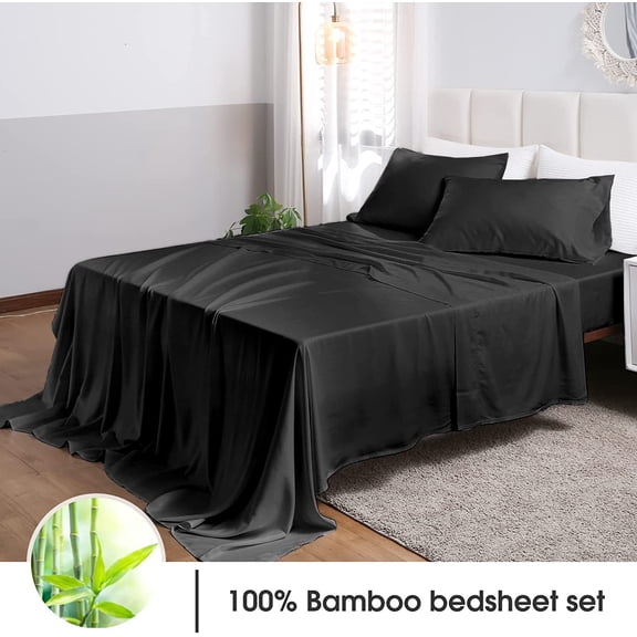 King Size Bamboo Rayon Sheet Set Deep Pocket Silky Soft Cooling Bedding Breathable Comfort for Adults Hot Sleepers Black