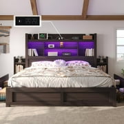 VanAcc King Size Bed with 49.6" Bookcase Headboard, Dual Side Storage Racks, 4 Drawers, RGB LED Lighting, Charging Station, Black Finish