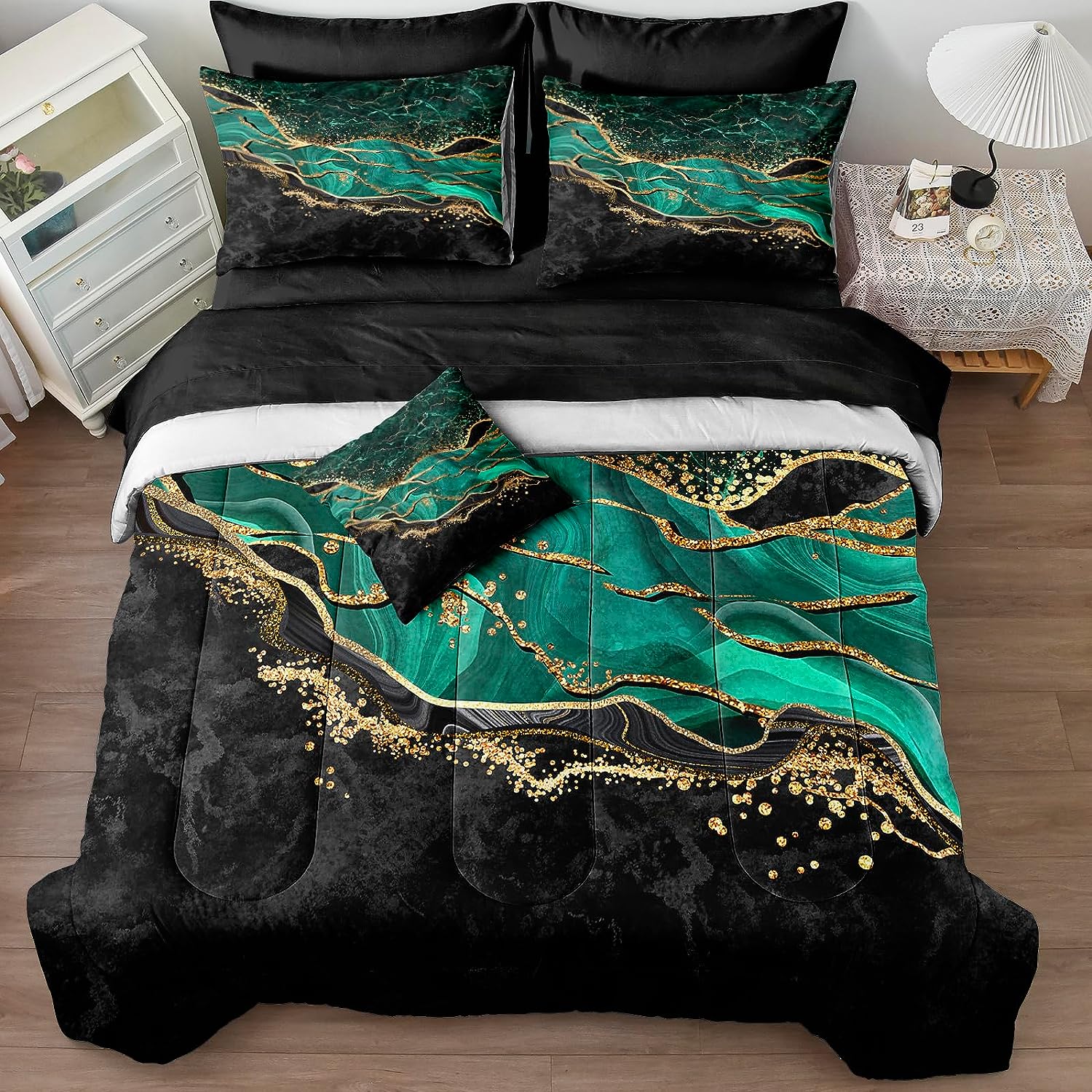 King Size Bed in A Bag 8 Pieces, Emerald Green Gold Bedding Comforter