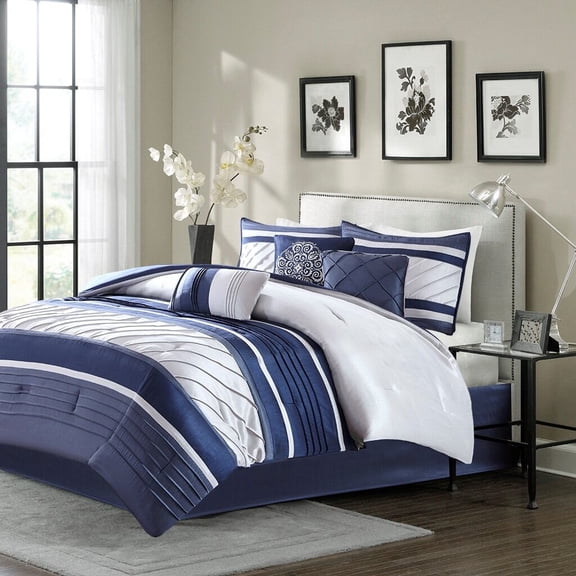 King Size Bed In A Bag, 7 Piece Comforter Set Navy King, Navy Cotton Bedding Set,Polyester Bed Sheet Set, Household Supplies & Décor Bedding Bedding Sets