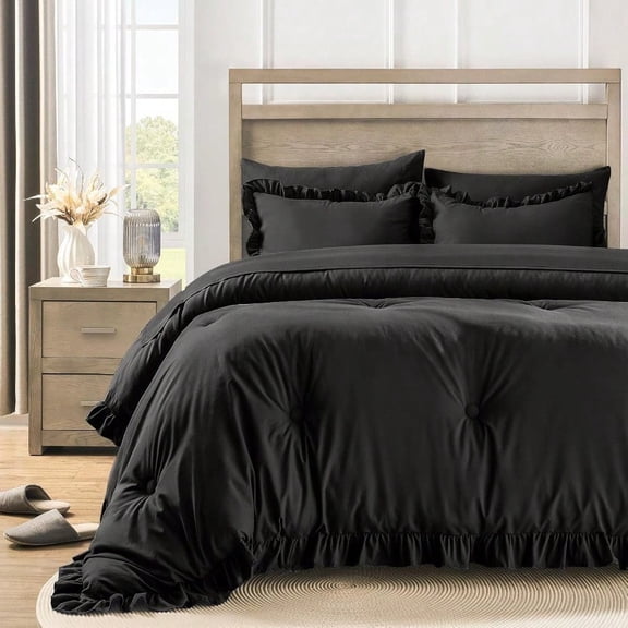 King Size Bed in a Bag 7 Pieces King Size Comforter Set Ruffle Shabby Chic Bedding Comforter Set Black Bed Set with Comforter Pillowcases Flat Sheet Fitted Sheet and Pillow Shams