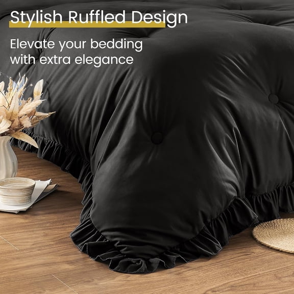 King Size Bed in a Bag 7 Pieces King Size Comforter Set, Ruffle Shabby Chic Bedding Comforter Set Black Bed Set with Comforter, Pillowcases, Flat Sheet, Fitted Sheet and Pillow Shams