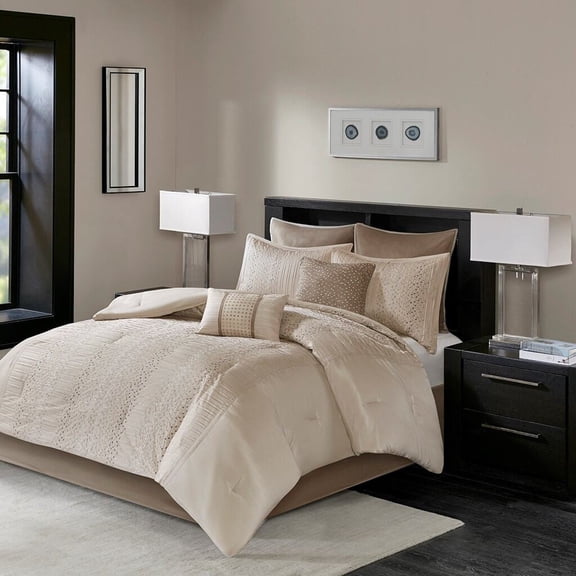 King Size Bed In A Bag, 8 Piece Embroidered Comforter Set Natural Cal King, Beige Cotton Bedding Set,Polyester Bed Sheet Set, Household Supplies & Décor Bedding Bedding Sets