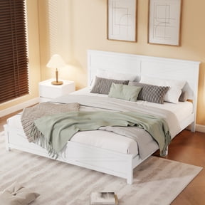 King Size Bed, Farmhouse Style with Barn Door Headboard and Footboard, Under-Bed Storage, Pinewood Frame for Master Bedroom, White