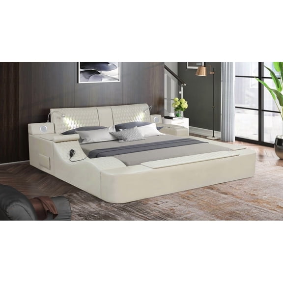 King Size Bed Featuring a Programmable Massager and Built-in Bluetooth Speakers in Beige