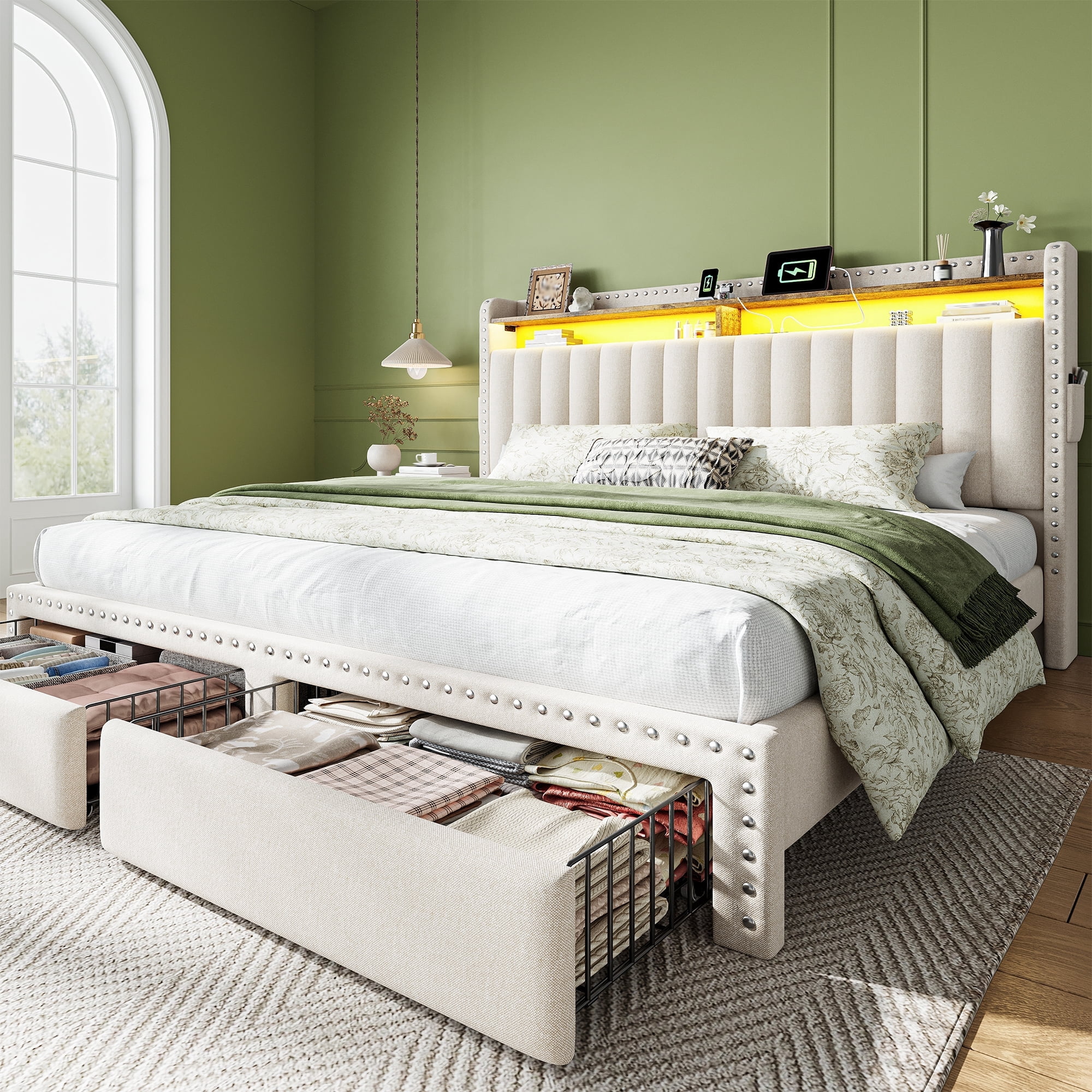 King Size Bed Frame with 2 Storage Drawers Upholstered Bed Frame with 2-Tier Storage Headboard & Charge Station & LED Light,Beige