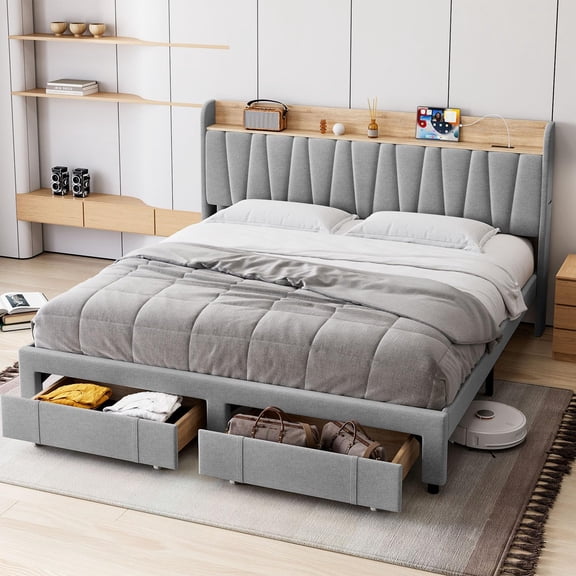 King Size Bed Frame with 2 Storage Drawers, Upholstered Platform Bed Frame with Storage Headboard and Charging Station, Mattress Foundation with Solid Wooden Slats Support, Light Grey
