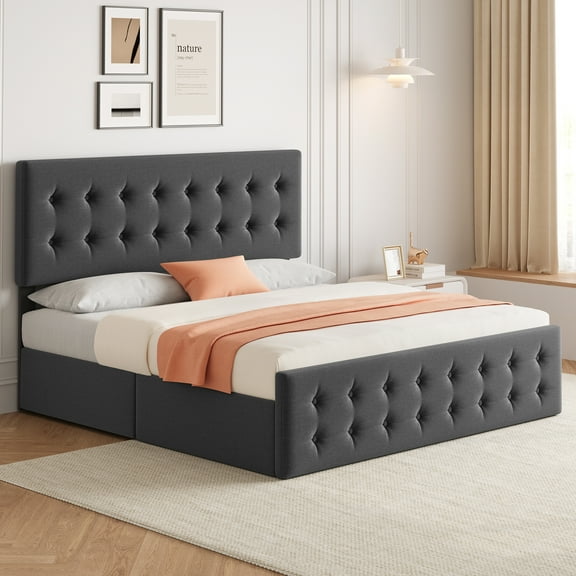 King Size Bed Frame with 4 Storage Drawers and Adjustable Headboard, Upholstered Mattress Foundation with Skin-Frienly Linen, No Box Spring Needed, Dark Grey