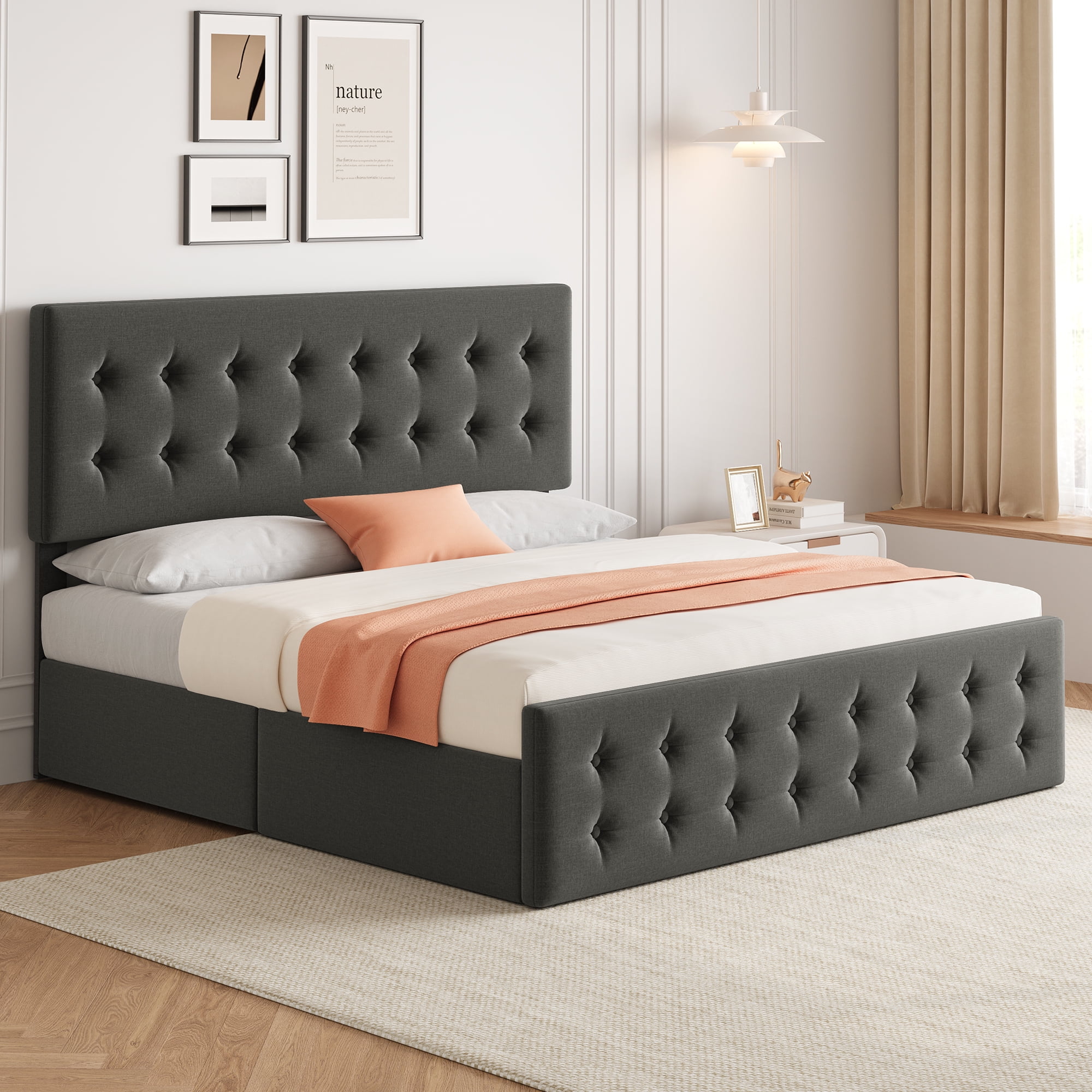 King Size Bed Frame with 4 Storage Drawers and Adjustable Headboard, Upholstered Mattress Foundation with Skin-Frienly Linen, No Box Spring Needed, Light Gray - Walmart.com King Size Bed Frame with 4 Storage Drawers and Adjustable Headboard, Upholstered Mattress Foundation with Skin-Frienly Linen, No Box Spring Needed, Light Gray - Walmart.com