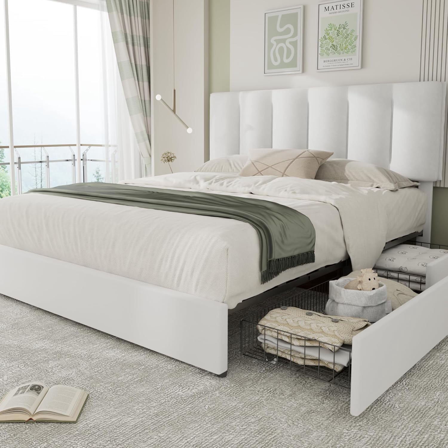 King Size Bed Frame with 4 Storage Drawers, Adjustable Height Headboard ...