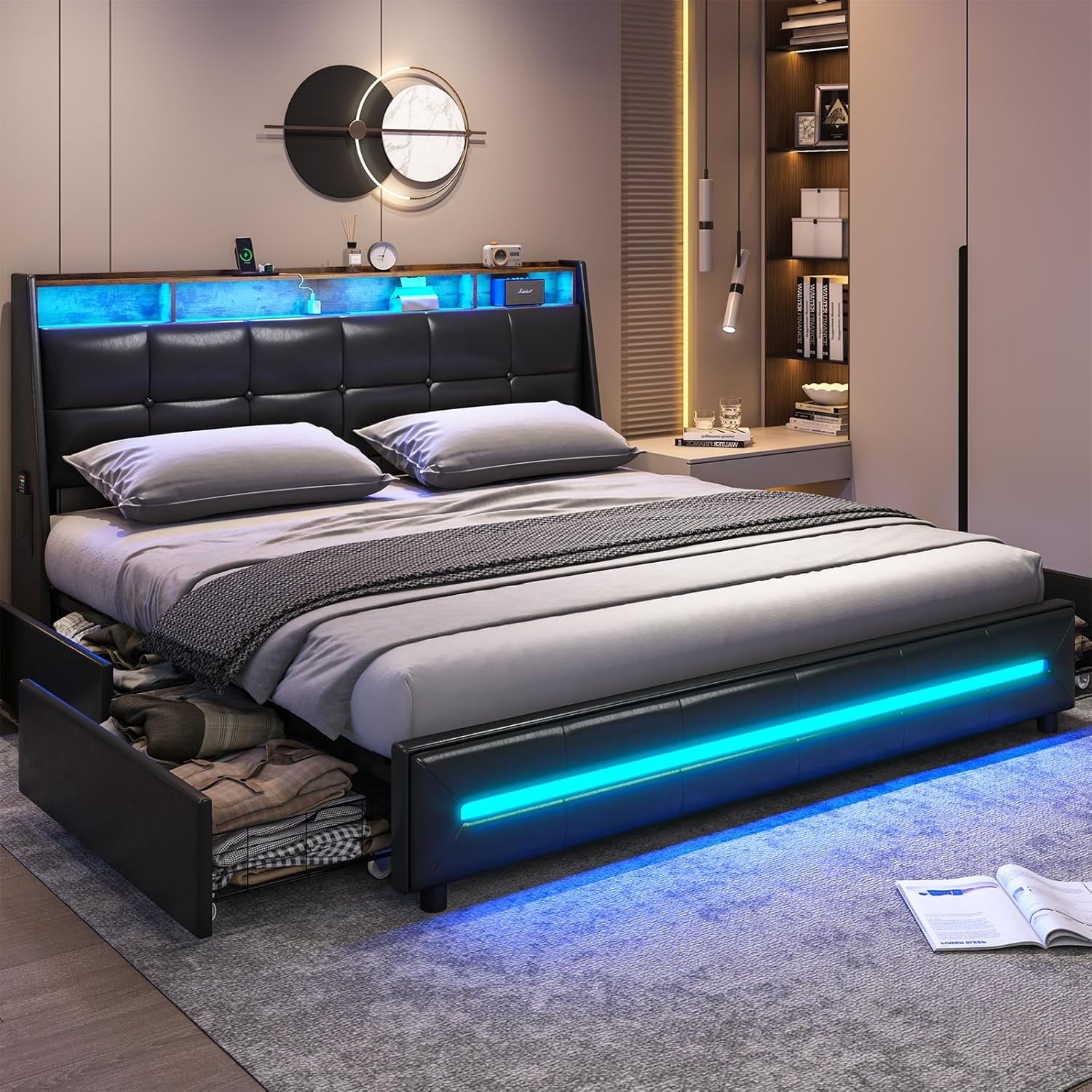 King Size Bed Frame with 4 Storage Drawers, Charging Station and LED ...