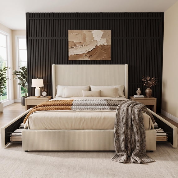 King Size Bed Frame with 4 Storage Drawers, Corduroy Upholstered ...