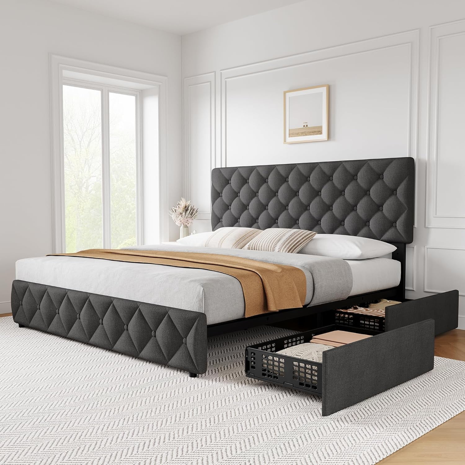 King Size Bed Frame with 4 Storage Drawers and Headboard, Linen ...