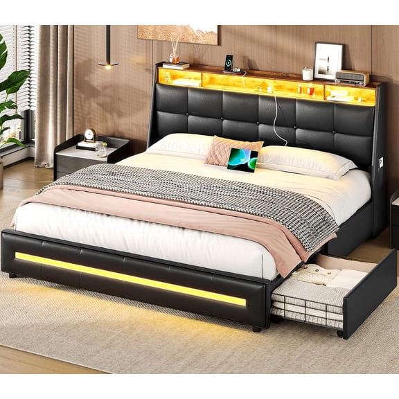 King Size Bed Frame with 4 Storage Drawers and LED Lights, Upholstered Platform Bed with Button Tufted Wingback Headboard and Charging Station, No Box Spring Needed, Black