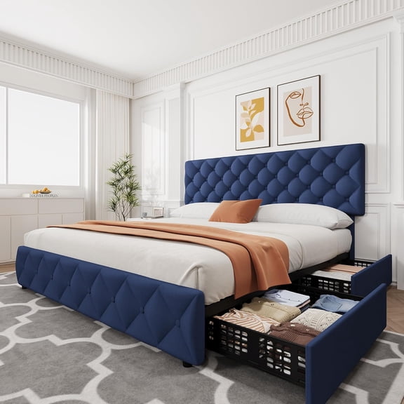 King Size Bed Frame with 4 Storage Drawers, Linen Upholstered Platform Bed Frame with Adjustable Headboard, Diamond Stitched Button Tufted, No Box Spring Needed, Blue
