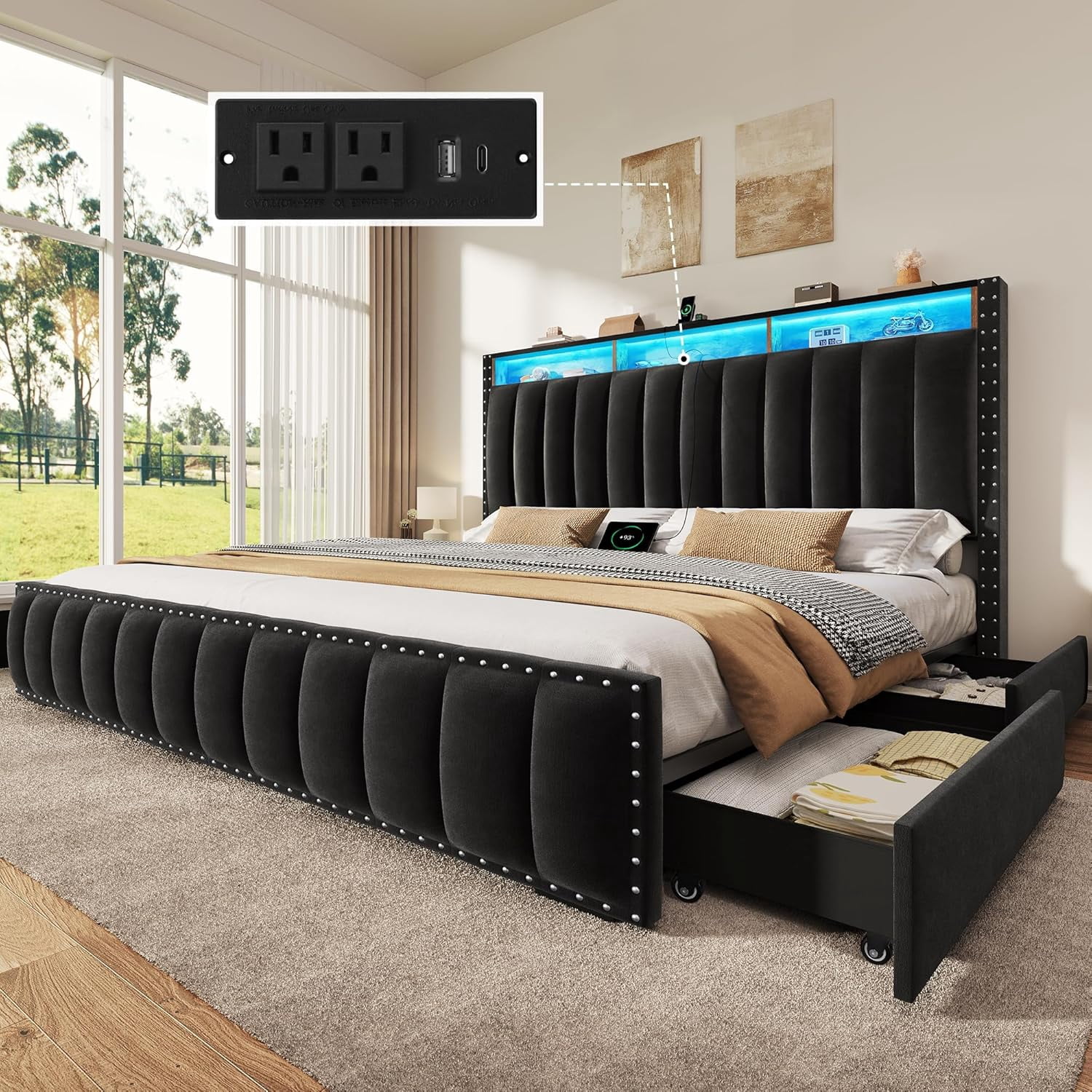 King Size Bed Frame with 4 Storage Drawers and RGB LED Lights, Velvet ...