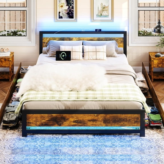 King Size Bed Frame with 4 Storage Drawers, Rustic Farmhouse Wood and Metal Bed Frame with Headboard and Charging Station, King Platform Bed with Led Lights, No Box Spring Needed, Noise Free