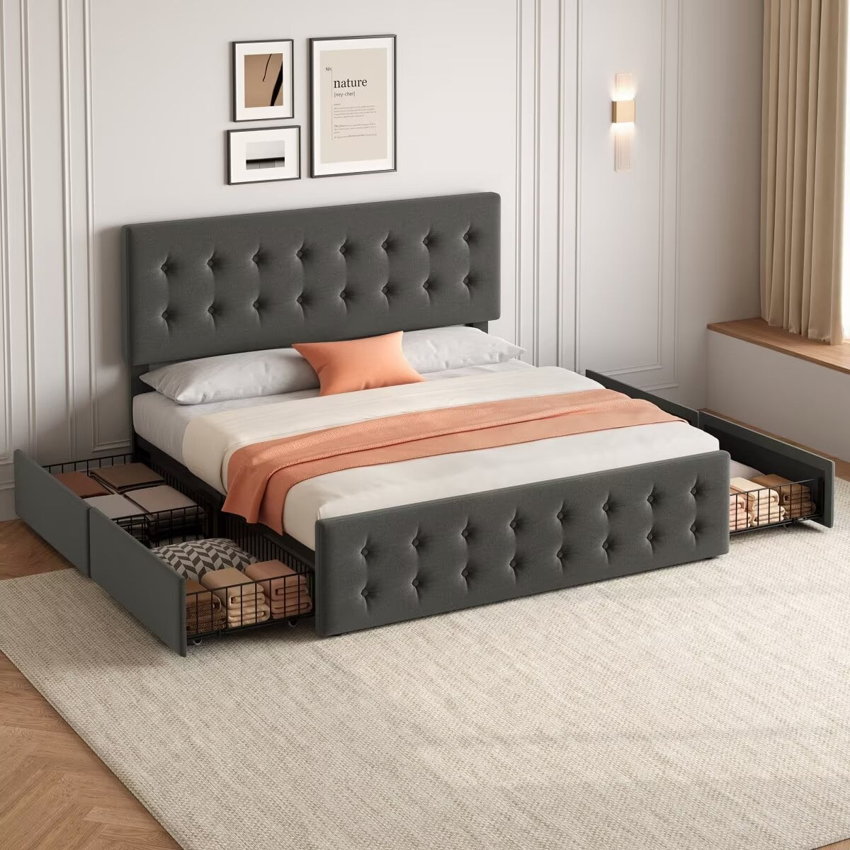 King Size Bed Frame with 4 Storage Drawers, Upholstered Platform Bed ...