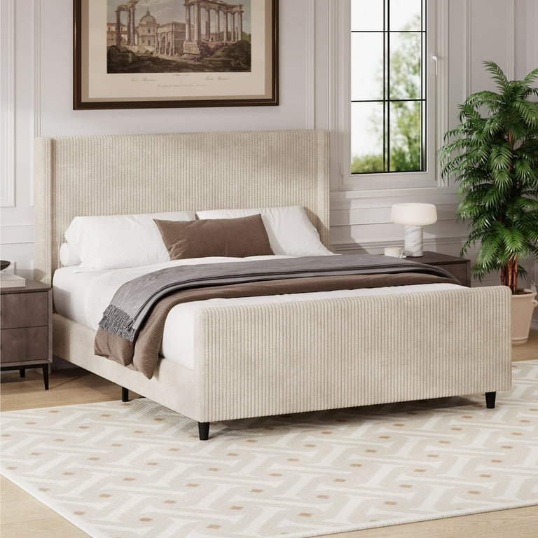 King Size Bed Frame, 50.7'' High Upholstered Bed Frame with High Headboard and High Footboard, No Box Spring Needed, Cream - Walmart.com king-size-bed-frame-50-7-high-upholstered-bed-frame-with-high-headboard-and-high-footboard-no-box-spring-needed-cream-walmart-com